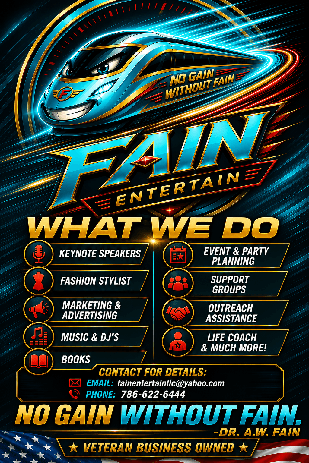 Fain Entertain LLC service flyer listing keynote speakers, event and party planning, fashion stylist, marketing and advertising, music and DJs, books, support groups, outreach assistance, and life coaching